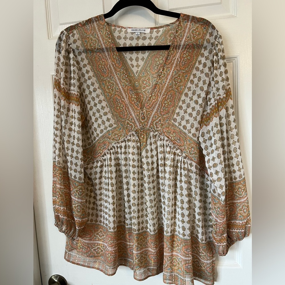 Rose & Olive Sheer Boho Top Size L